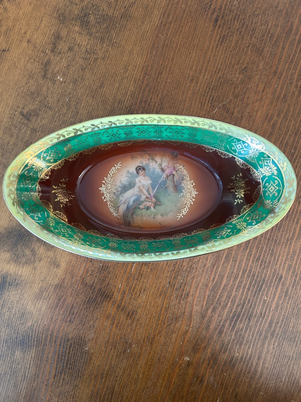 Vintage Cico 1950s Small Hand Painted Dish Green & Brown Gold Accents Bavaria